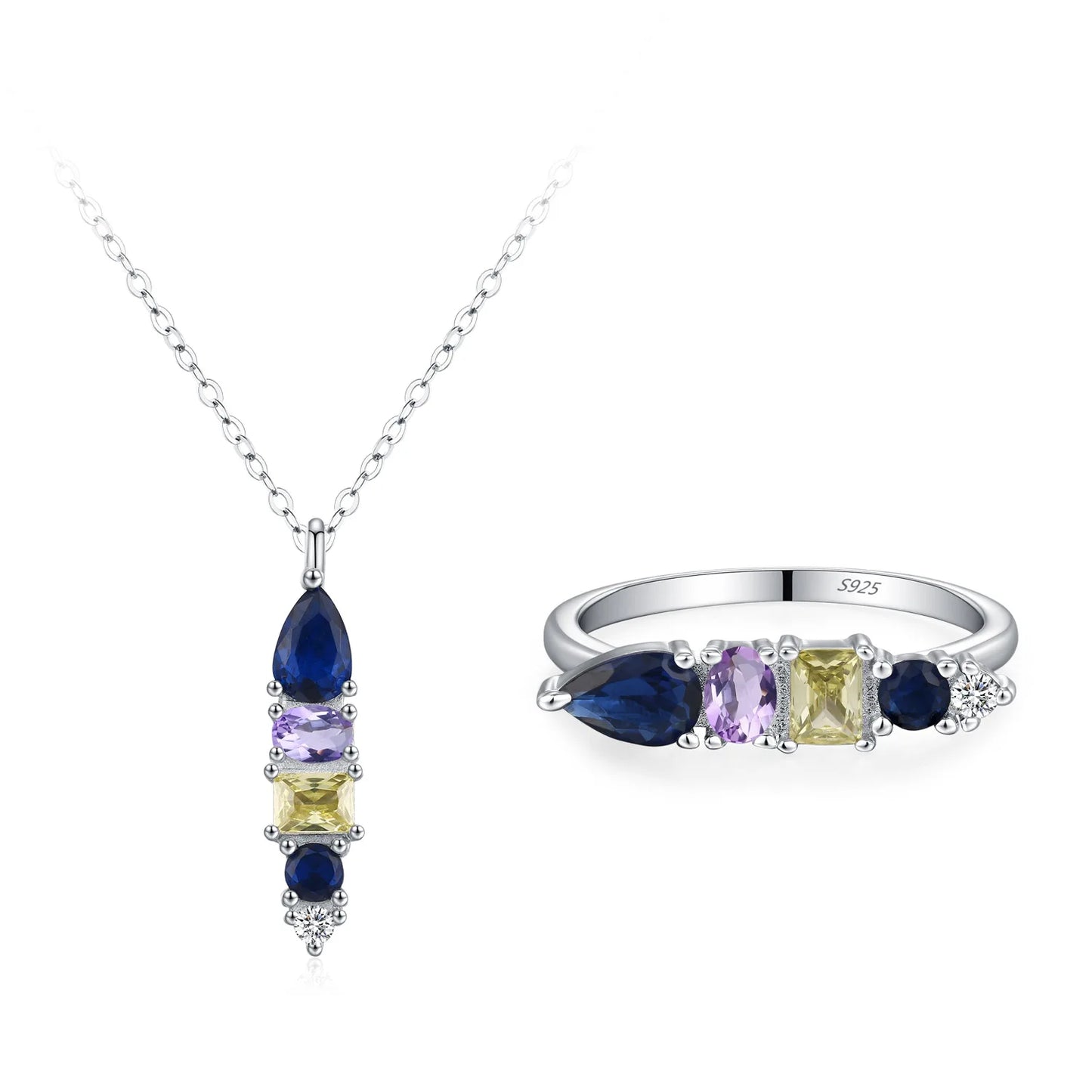Wholesale 925 Sterling Silver Fashionable Personalized Colored Diamond Geometric Design Necklace Ring Trendy Set Gift Set