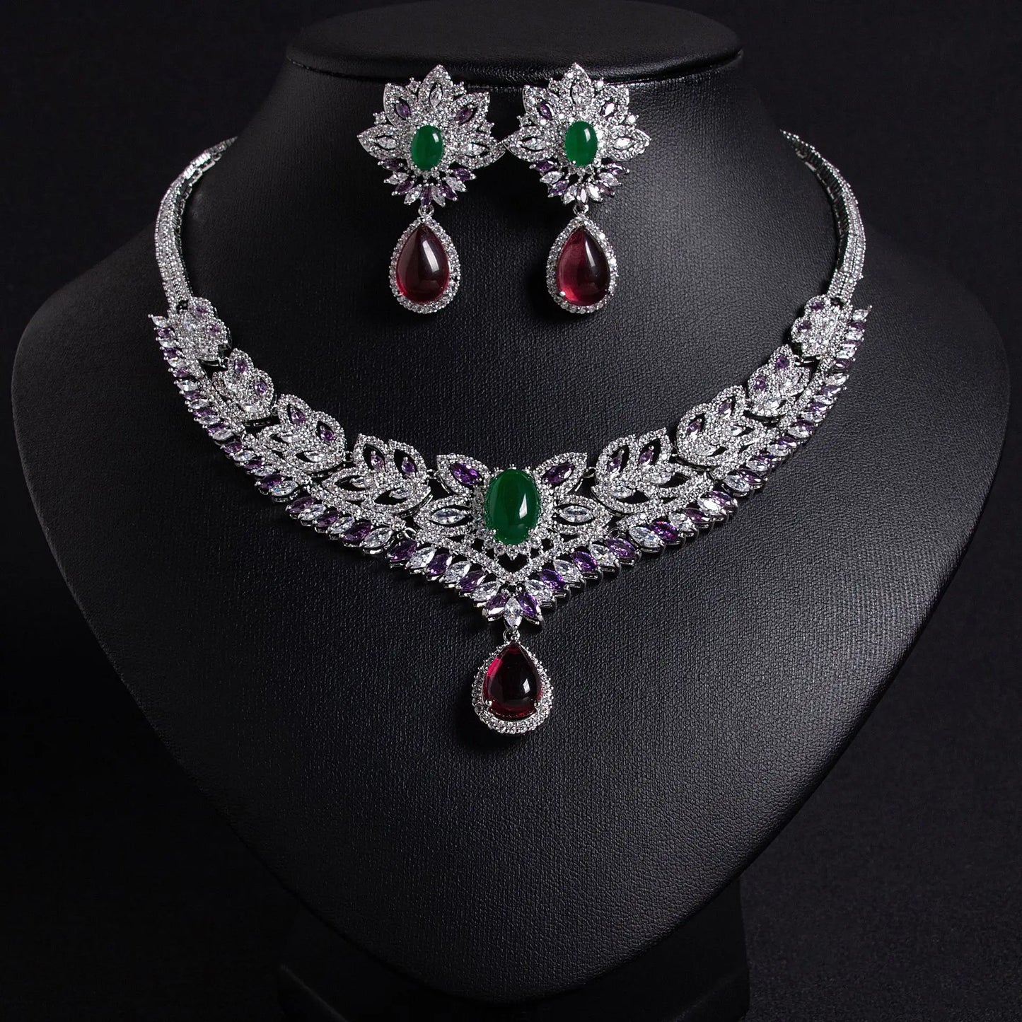 Luxury Oval-Cut Zirconia Nigerian & African Geometric Necklace & Earrings Bridal Set — Rhodium Plated