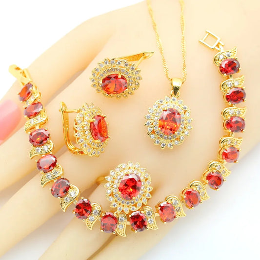 2023 New Red Zirconia Crystal Jewellery Set for Women Including Bracelet Earrings Ring Pendent Necklace for Wedding Engagement