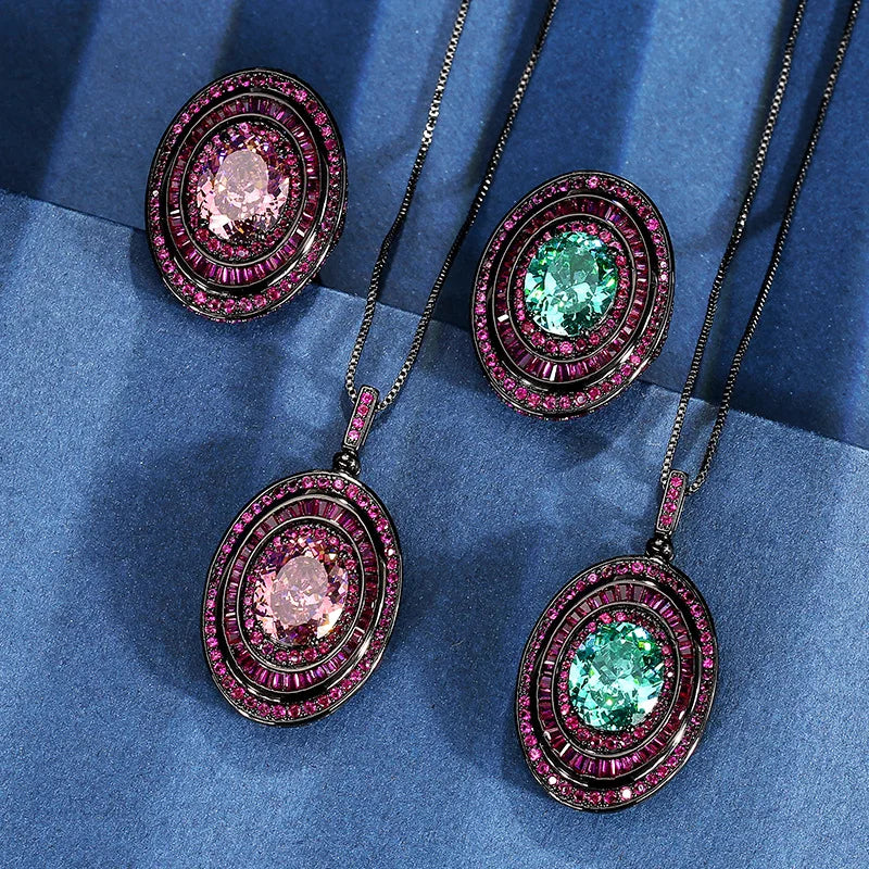 REDheart Copper Inlaid Gold Plated Black Gold Open Ring Simulation Dry Rose Egg-Shaped Texture Pendant Set for Wedding and Party