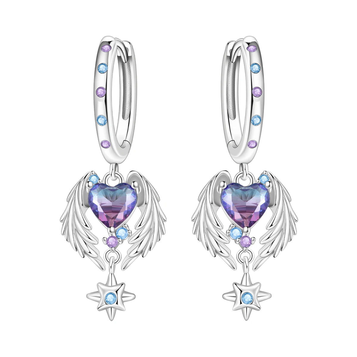 S&S Purple Ombré CZ Angel Wing & Star Drop Earrings – Silver Plated – Collection