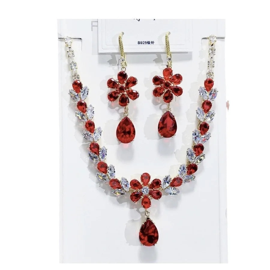 K058 Hot Selling Women Trendy Luxury Flower Zircon Necklace Earrings Set Wedding Elegant Jewelry Set
