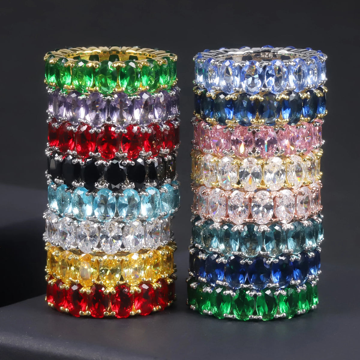 ArtistA C7530 Abiding Oval 4*6MM Colored Gemstone Eternity Band Glass Blue Sapphire Emerald Cubic Zirconia 925 Silver Band Ring