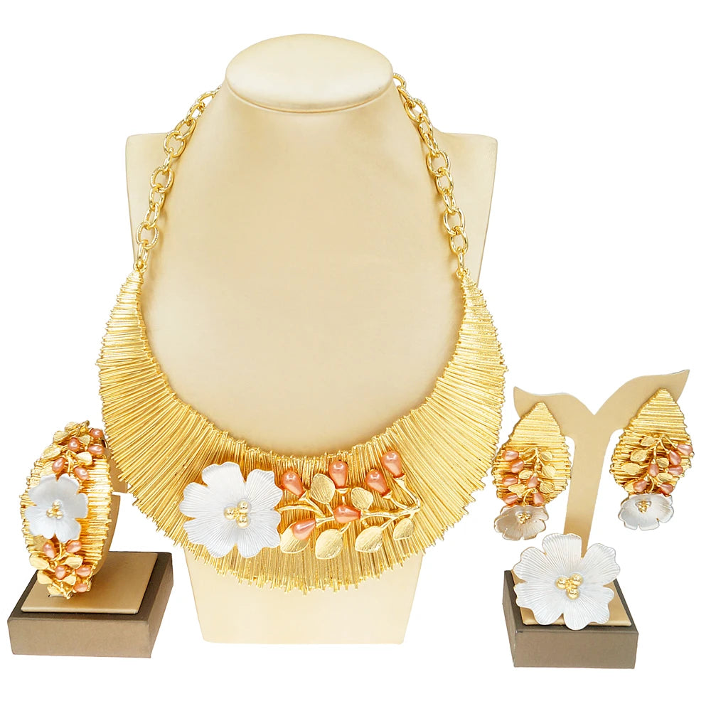 Zhuerrui Women Necklace Earing Bracelet Sets Pink Pearl Africa Nigeria Jewelry Set Italian Gold Plated Non Tarnishing Set H00499