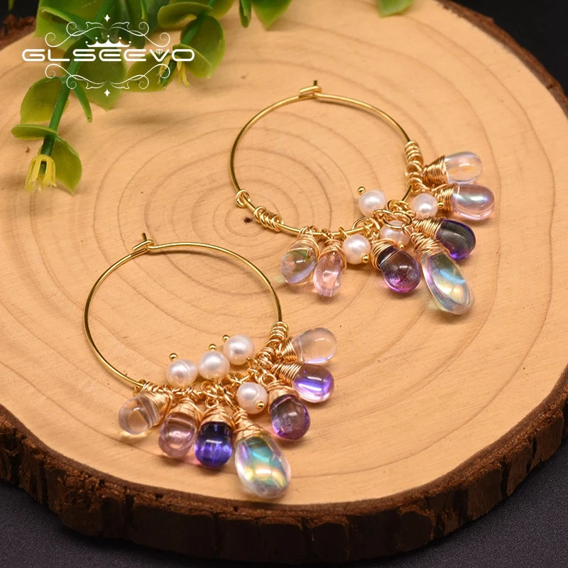 Natural Fresh Water Pearl Hoop Earrings for Women 925 Sterling Silver Colorful Tassel Drop Earrings