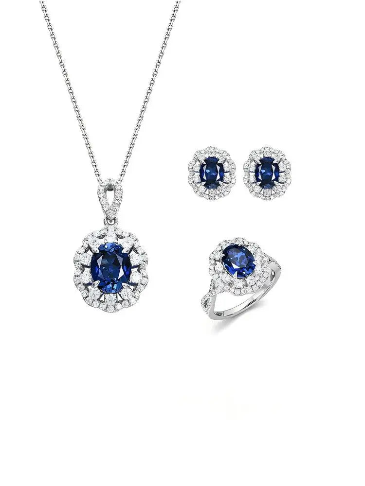 ArtistA High Quality Prong Set 925 Sterling Silver Lab Grown Blue Sapphire Ring Earring Necklace Set