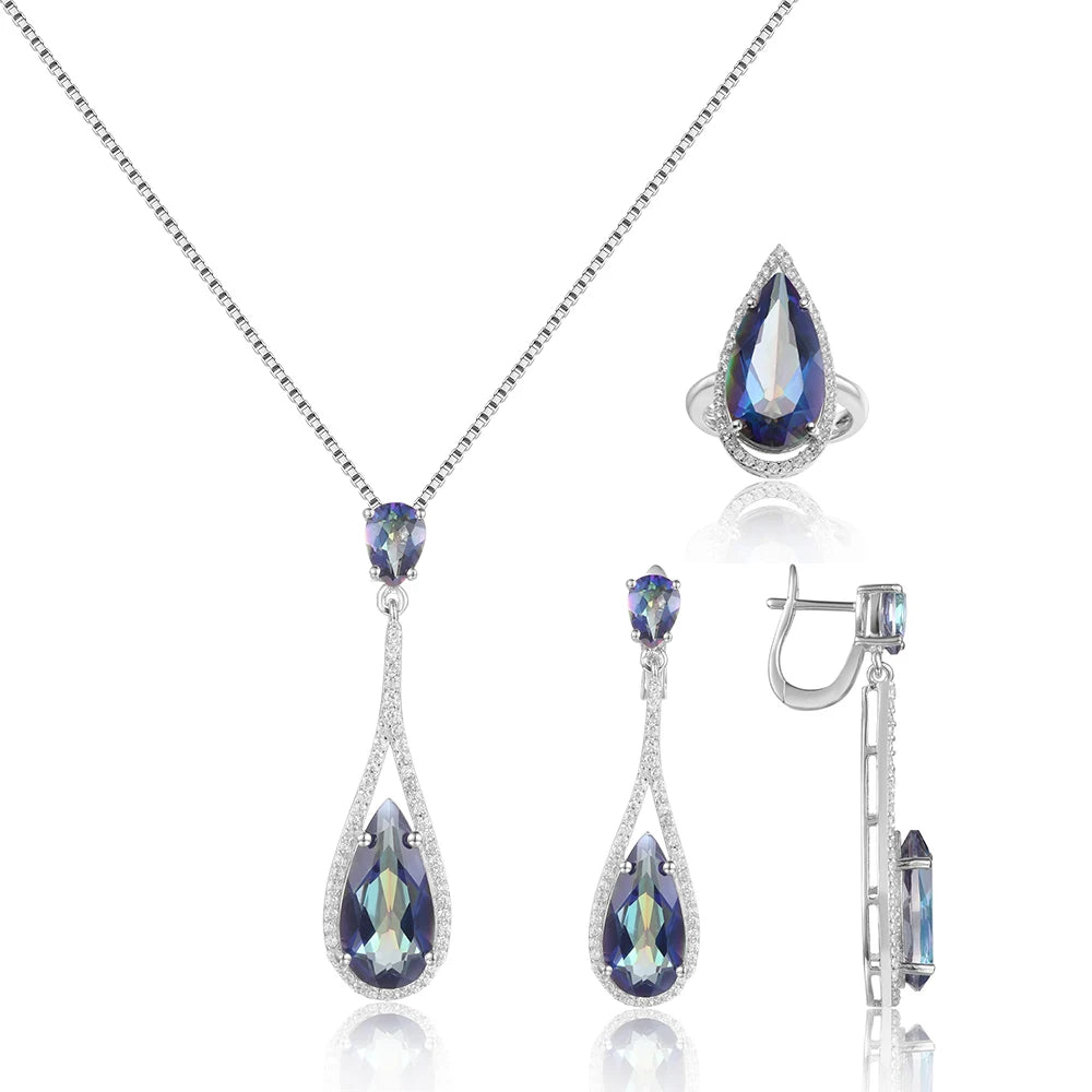 ArtistA C3260 Abiding Light Luxury Natural Gemstone Blueish Mystic Quartz 925 Sterling Silver Halo Pear Waterdrop Shape Jewelry Set