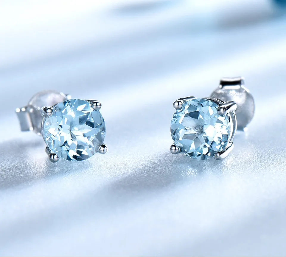 Fashion Zircon Sky Blue Stud Earrings Round 925 Sterling Sliver Gemstone Stud Earrings Jewelry for Women