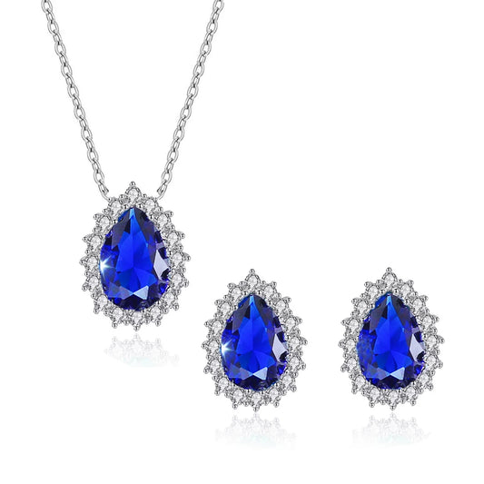 S&S 925 Silver Royal Blue CZ Teardrop Necklace & Earrings Set – Pear Cut – Rhodium Plated – Collection