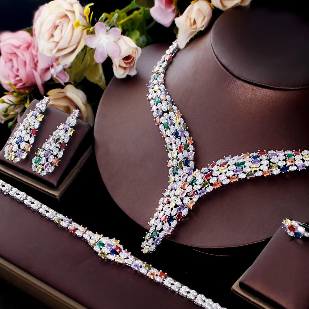 Cubic Zirconia Stone Heavy Work Multi Color Big Necklace Arabic Dubai Bridal Jewelry Set for Women Luxury Wedding Accessories