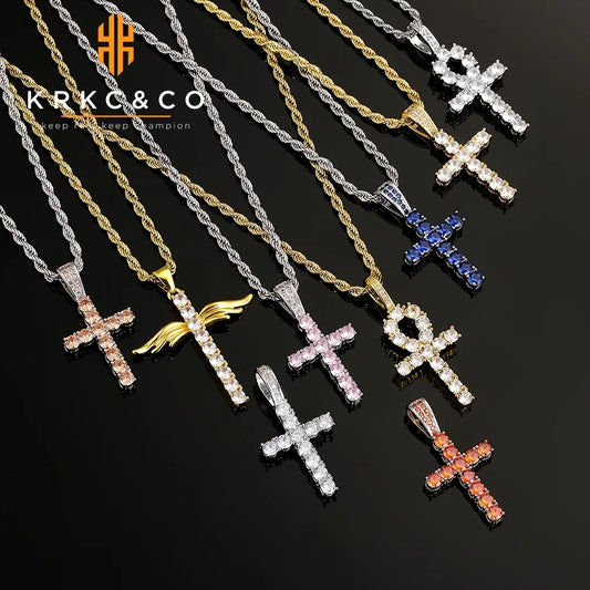 REBEL Hotsell Cross Religion Jewelry Charms CZ Rope Chain Women Hiphop 14K 18K Gold Cubic Zirconia Iris Cross Pendant Necklace for Men