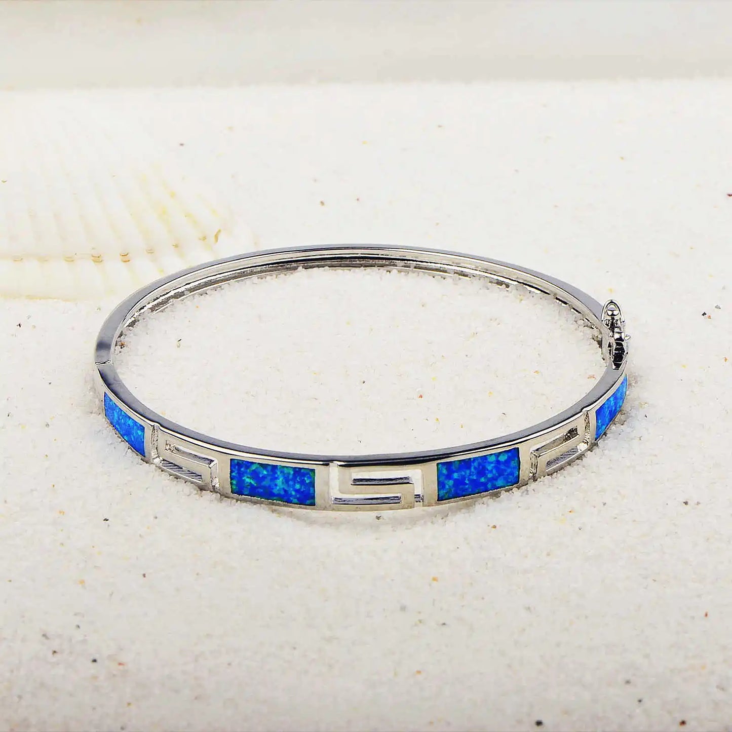 Shimmering Blue Opal Bangle Aobao Greek Key Geometric Design Silver Tone Jewelry