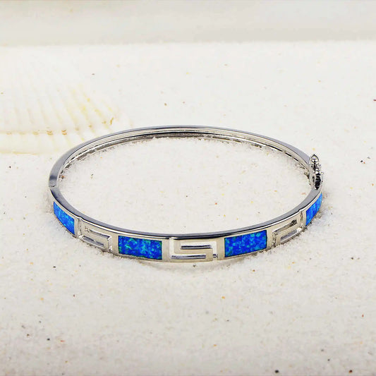 Shimmering Blue Opal Bangle Aobao Greek Key Geometric Design Silver Tone Jewelry