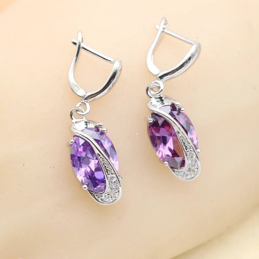 XOTICA Purple Crystal 925 Sterling Silver Jewelry Set Luxury Design Wedding Earrings Bracelet Rings Necklace Pendant Set