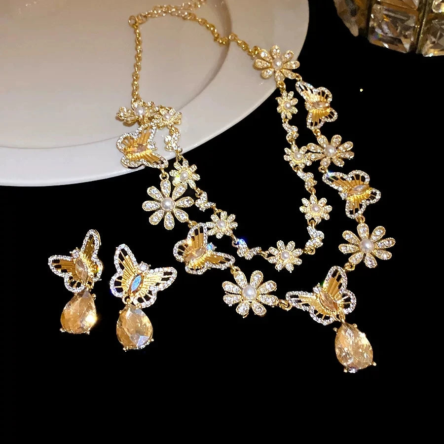 Luxury Princess-Cut Zirconia Pearl & Crystal Butterfly Floral Necklace & Earrings Bridal Set — Platinum Plated Gold