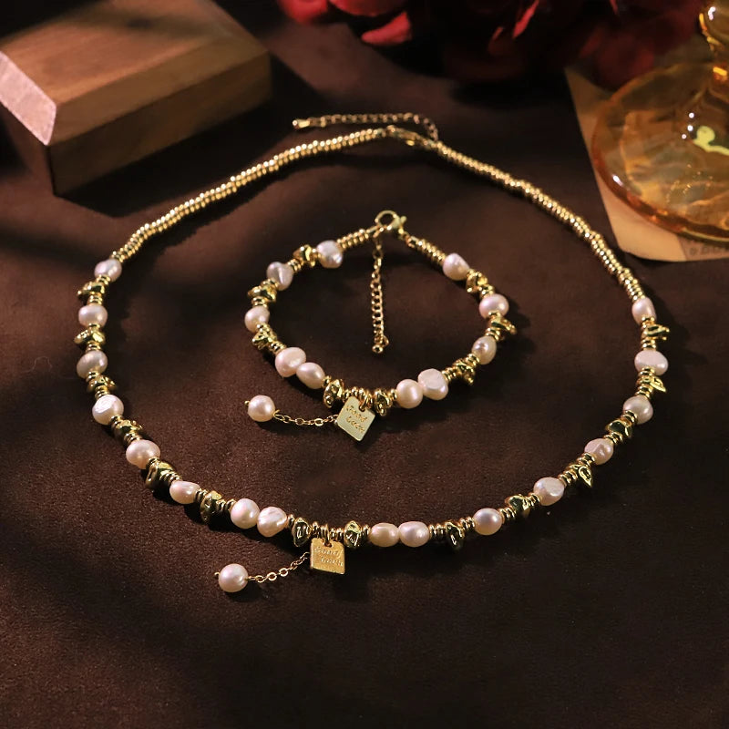 GLSEEVO Natural Baroque Pearl Jewelry Set for Women Birthday Gift 18K Gold Plated Beaded Necklace Bracelet Fashion Jewelry