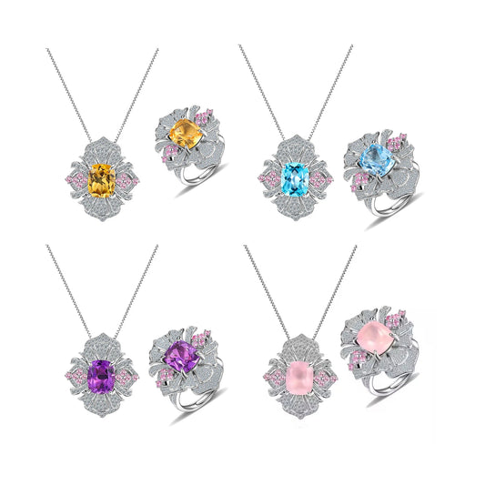 ArtistA Flower Cushion Vintage Cubic Zirconia Jewellery Set in 925 Sterling Silver
