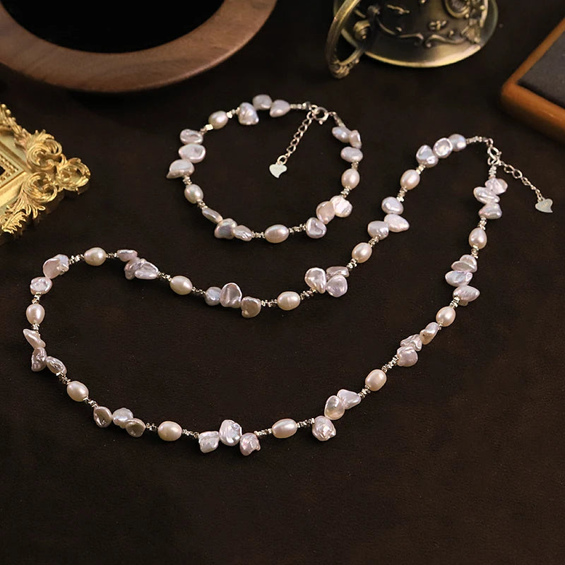 GLSEEVO Natural Freshwater Baroque Pearl Jewelry Set Irregular Pearl Necklace Bracelet  Gift for Date Bridal Fashion Jewelry