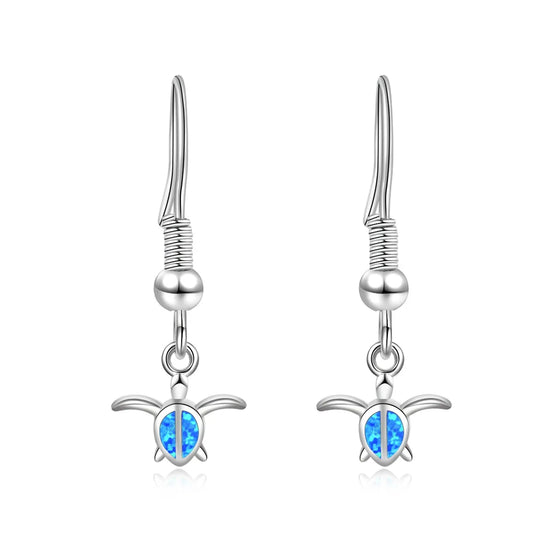 Adorable Christian Dainty Silver Plated Hawaiian Sea Turtle Animal Shape Cute Opal Pendant Earrings for Beach Lovers Gift