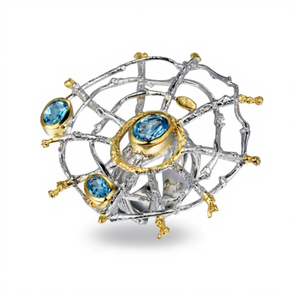Hollow Blue Topaz 925 Sterling Silver Spider Finger Ring Jewelry