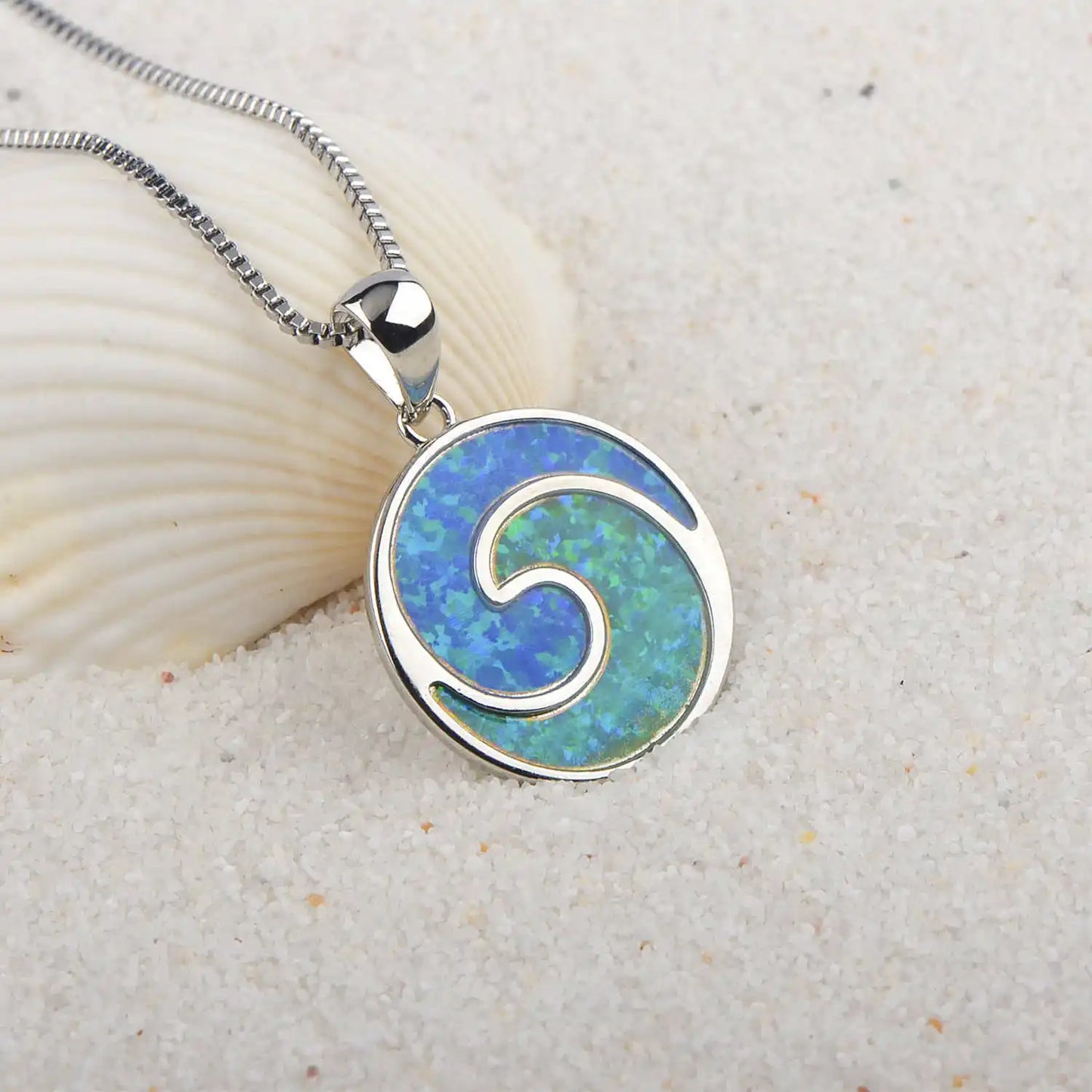 Aobao Christian Silver Plated Copper Link Chain Minimalist Surf Wave Pendant Opal Sweater Necklace Gift
