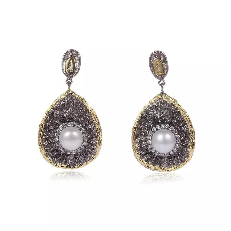 Vintage Bohemian Style 925 Sterling Silver 18K Gold Plated Earrings with Freshwater Pearl for Party and Gift