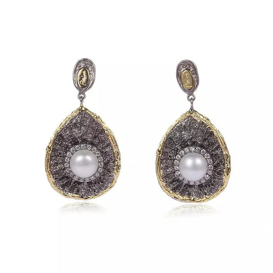 Vintage Bohemian Style 925 Sterling Silver 18K Gold Plated Earrings with Freshwater Pearl for Party and Gift