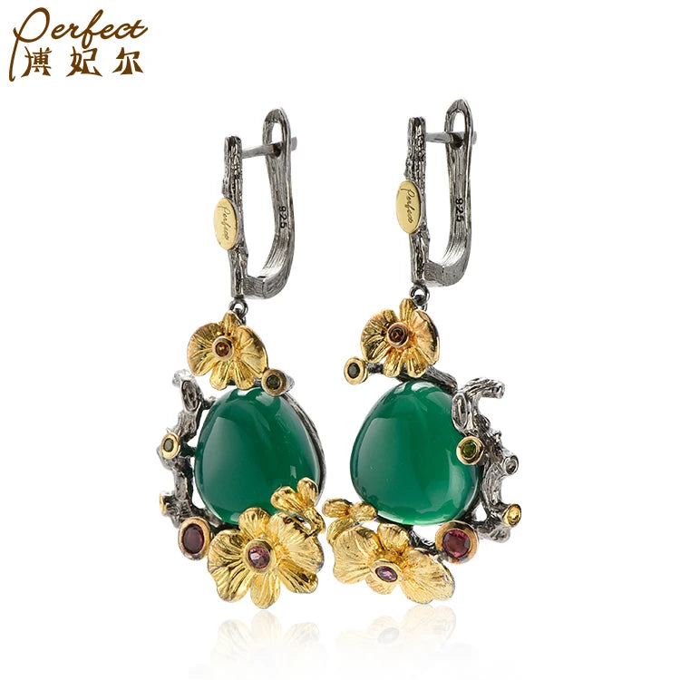 Best Selling Fashion Dangle Green Agate Round Vintage Fine Jewelry 925 Sterling Silver Earrings