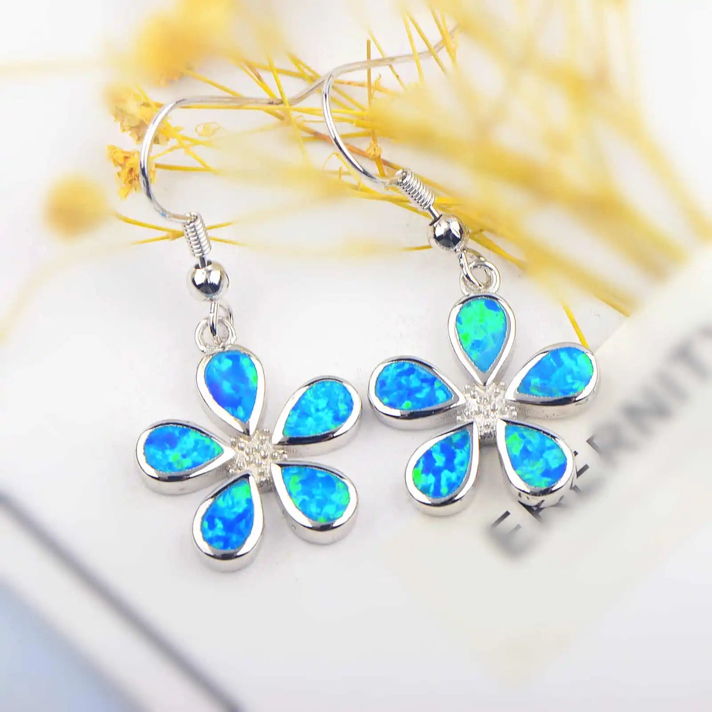 Dual-Tone Flower Opal Drop Earrings - Blue Fire Opal Petals & Gold-Accent Center Design | Whimsical Daily Jewelry Bulk Gifts