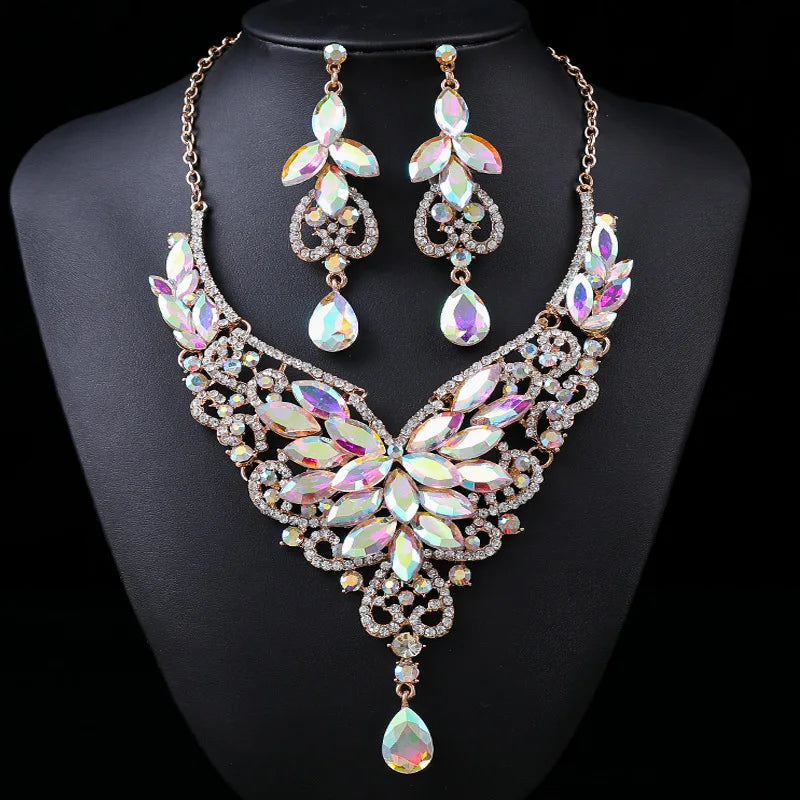 Crystal Stacked Butterfly Necklace & Earrings Jewellery Set | 10 Colours Geometric Glam Fashion Set