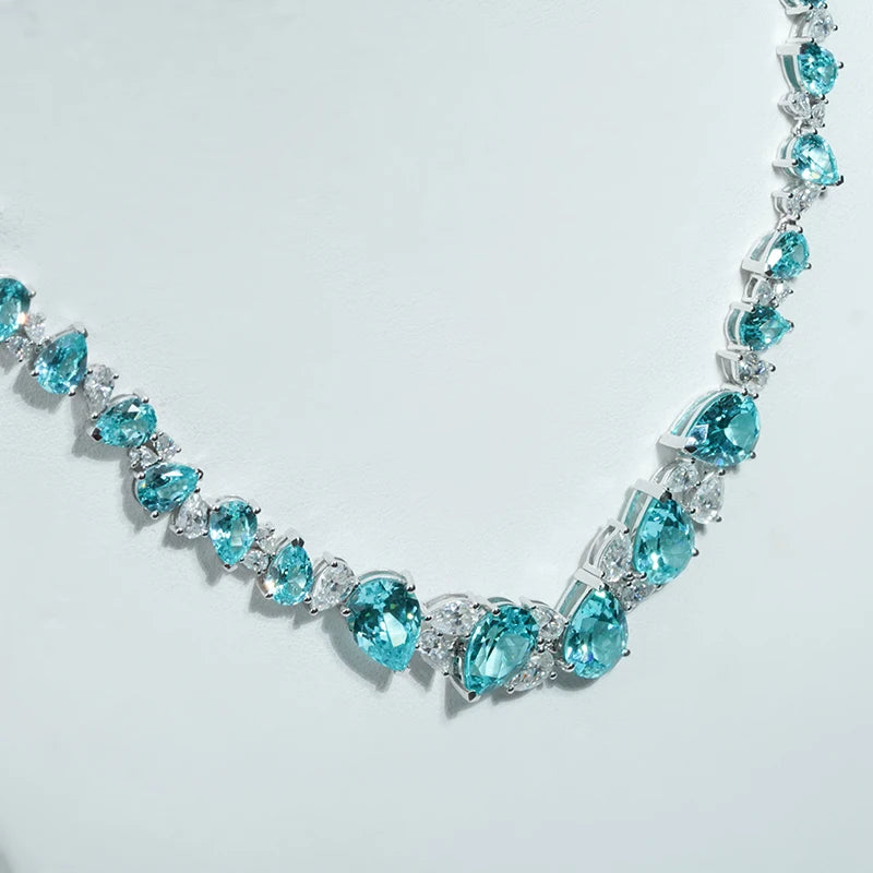 Luxury Blue Gemstone Necklaces Jewelry 14K Solid Gold Paraiba Color Lab Sapphire Gemstone with DFE Moissanite Necklace