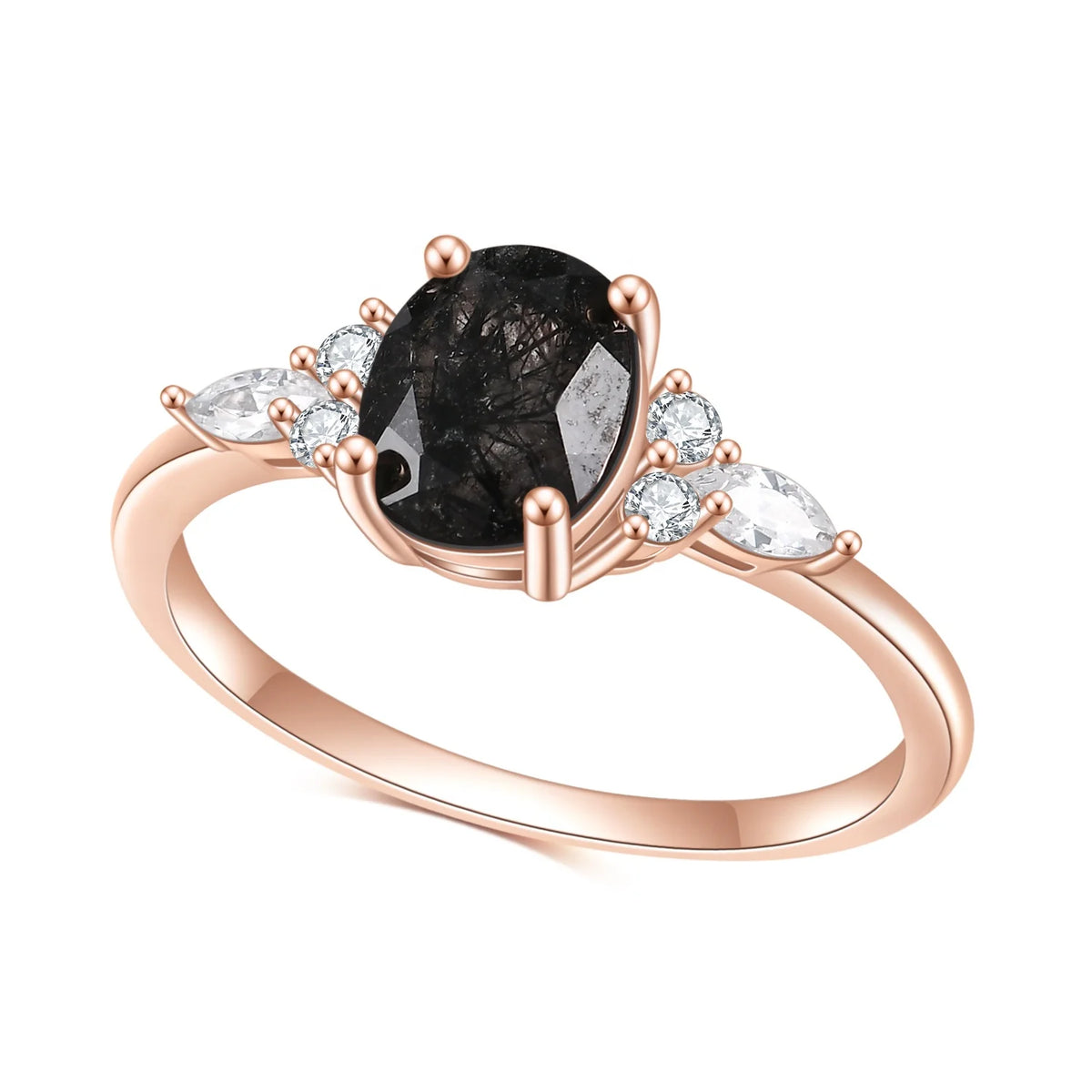 ArtistA Abiding OEM Factory Direct Sale Rose Gold Plated 925 Sterling Silver Natural Black Rutilated Quartz with White CZ Side Stones