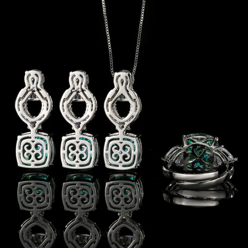 Gemfiori Fashionable Luxury High-end Pendant Ring Earring Set Emerald Green square Zircon Sparkling Jewelry