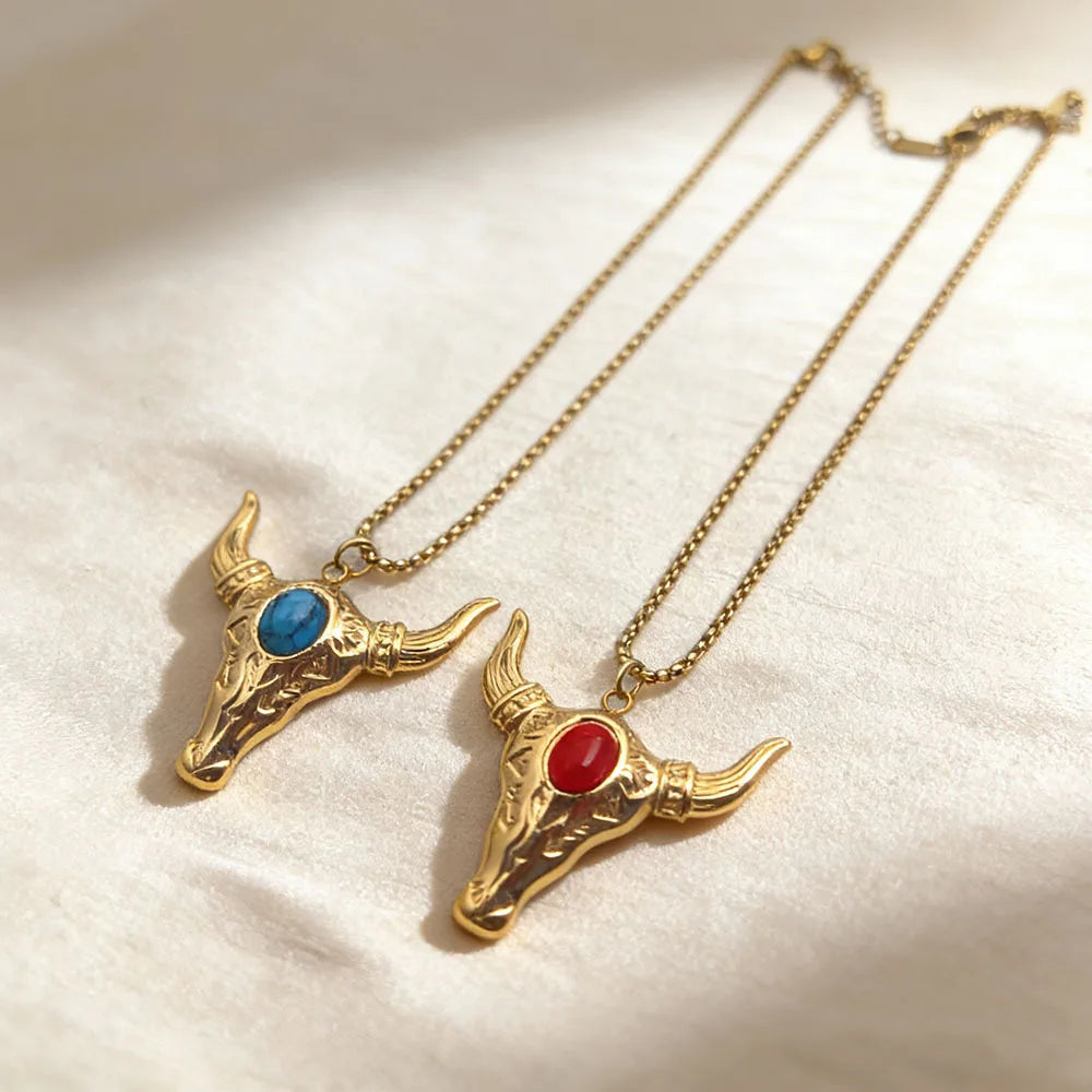 Vintage Retro Trendy Cow Head Stainless Steel Bamboo Chain Necklace Unisex Cowboy Turquoise Pendant Luxury Zodiac Party