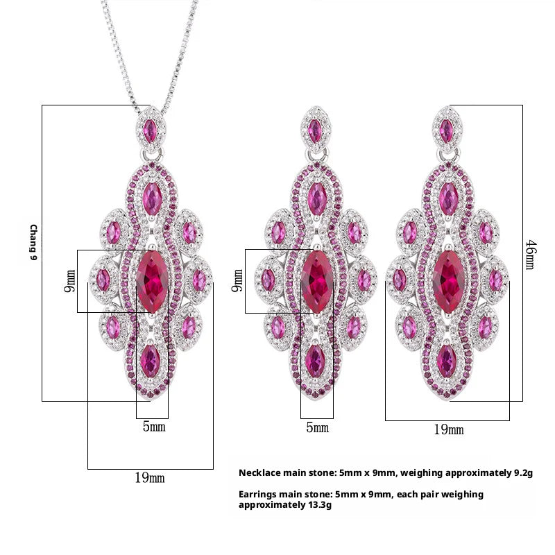High Quality Eco-friendly Copper 5*9MM Red Cubic Zirconia Retro Ancient Style Handmade Pendant Earrings Jewelry Sets for Women