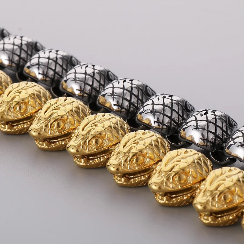 KALEN 220mm Men Punk Gold/Silver Color Stainless Steel Snake Head Links Bracelet