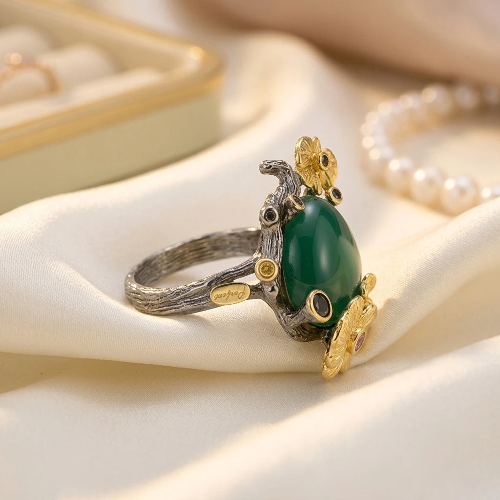 Wholesale Fashion Personality Green Agate Women Luxury  Sterling Silver Jewelry Rings