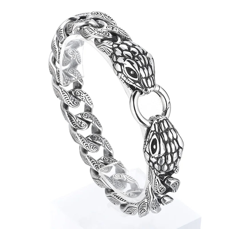 KALEN Men Punk Stainless Steel Ring Clasp Cuban Bracelet With Snake Charms