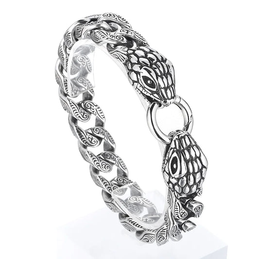 KALEN Men Punk Stainless Steel Ring Clasp Cuban Bracelet With Snake Charms