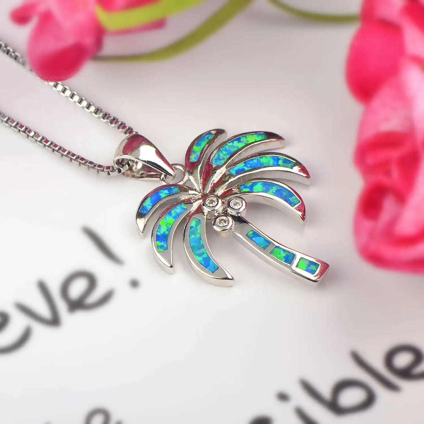 Aobao Christian Copper Opal Plant Palm Tree Collar Lariat Necklace Women's Hawaiian Style Silver Plated Blue Coconut Tree