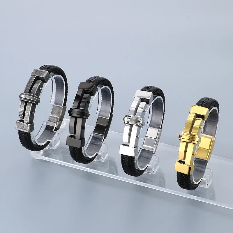 REBEL 210mm Vintage Premium Stainless Steel&Cowhide Leather Bracelet