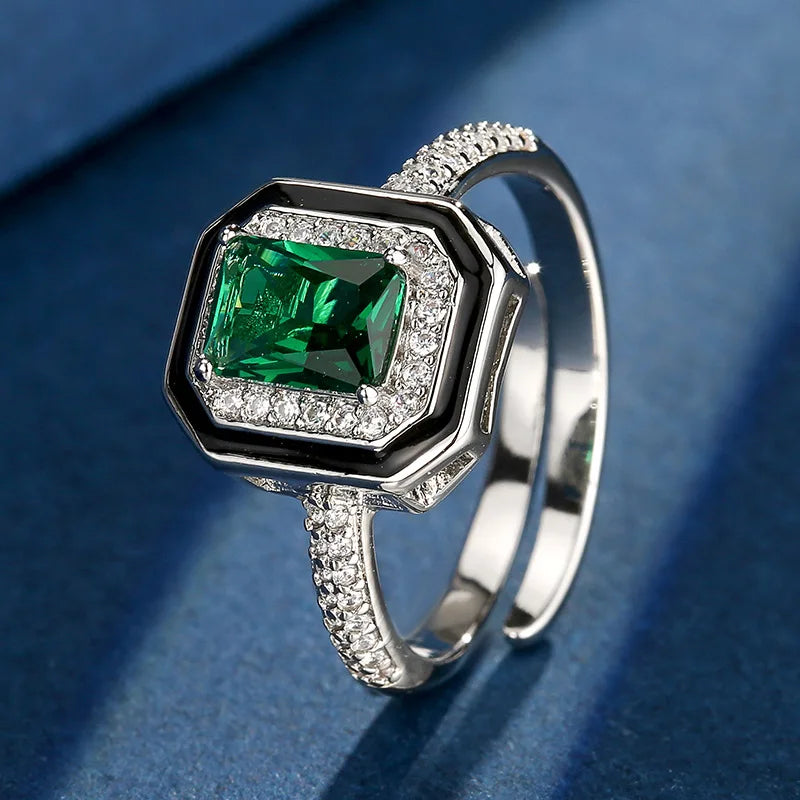 Gemfiori Simple Princess Square Green Zircon Ring Light Luxury Black Enamel Earnail Necklace Set