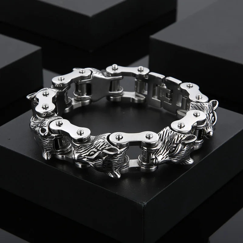 KALEN Punk Stainless Steel Fashion Bracelets Bangles Wolf Heads Bike Chain Bracelet for Men