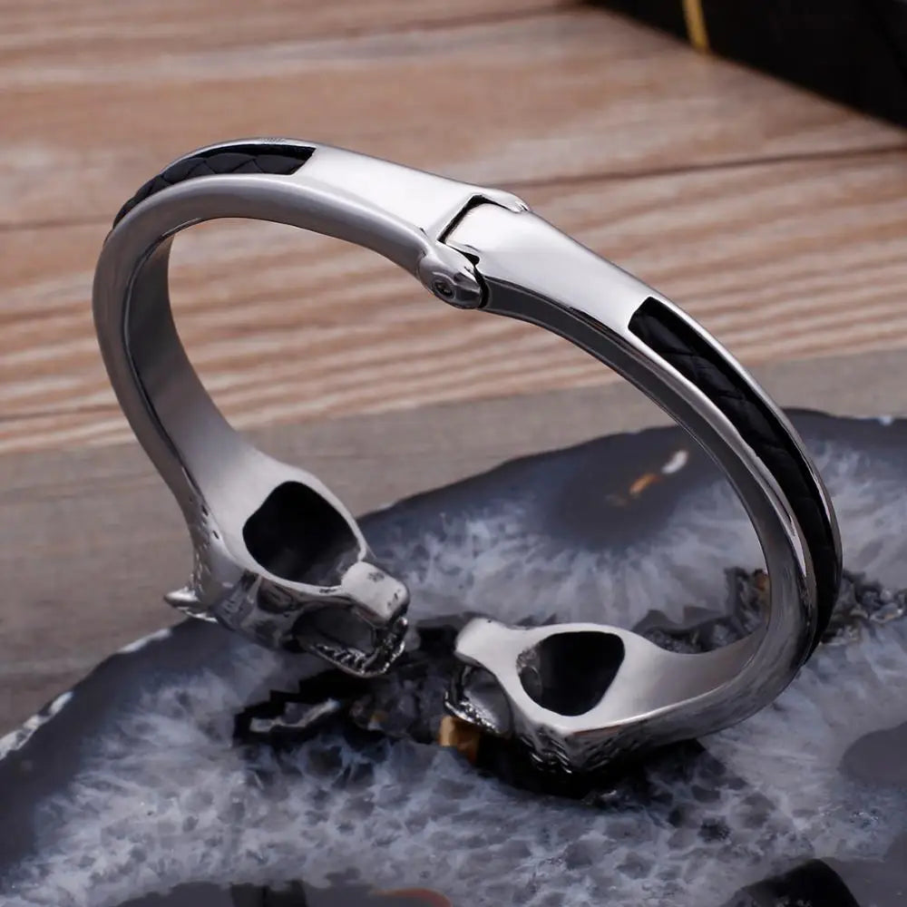 VIKING Mens Punk Wolf Leather & Stainless Steel Bangle – Silver