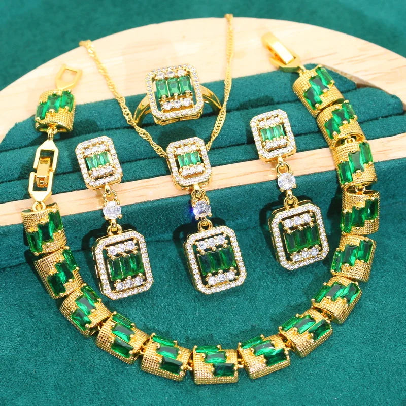 XOTICA New Arrival Green Zircon Wedding Jewelry Set for Women Gold Color Bracelet Earrings Ring for Party Halloween Perfect Gift