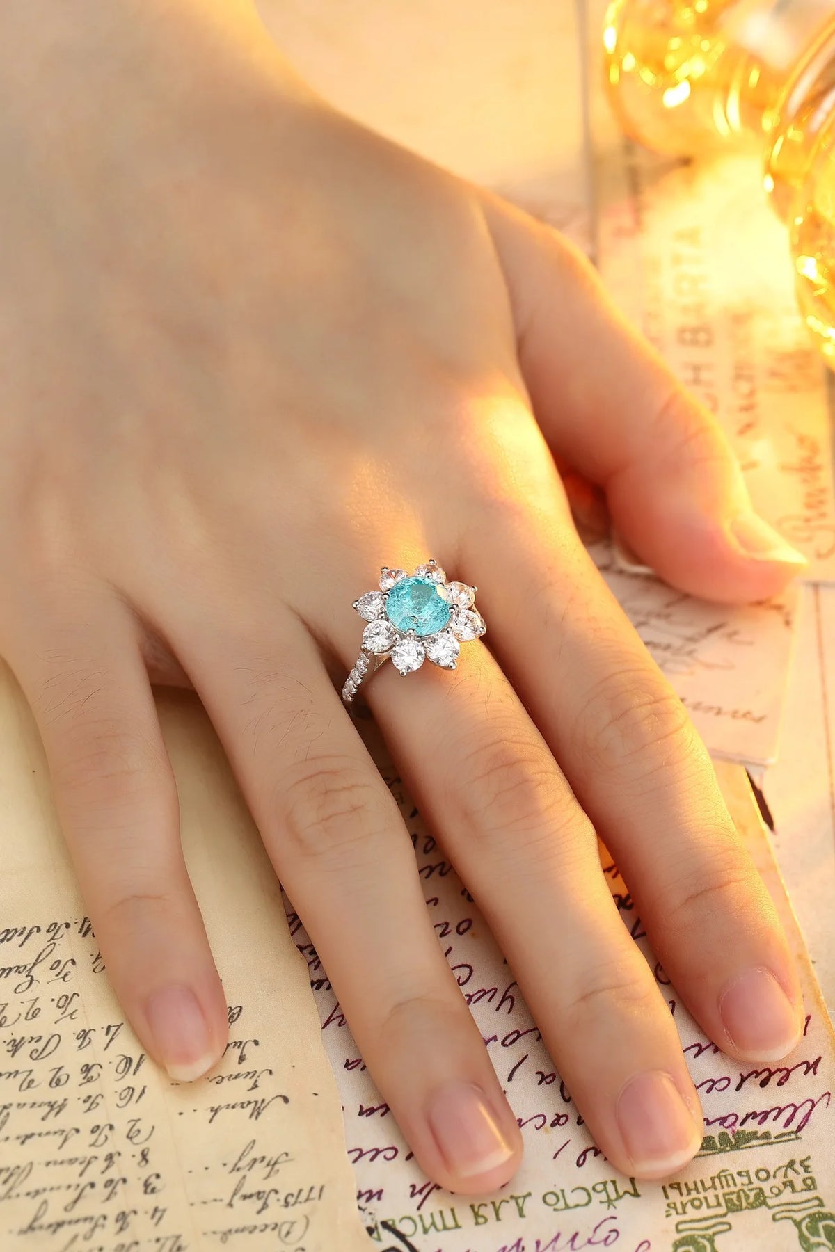 Gemfiori Anster 925silver Round Lab Grown Paraiba and Moissanite Ring for Women Customized Service Rings Acceptable