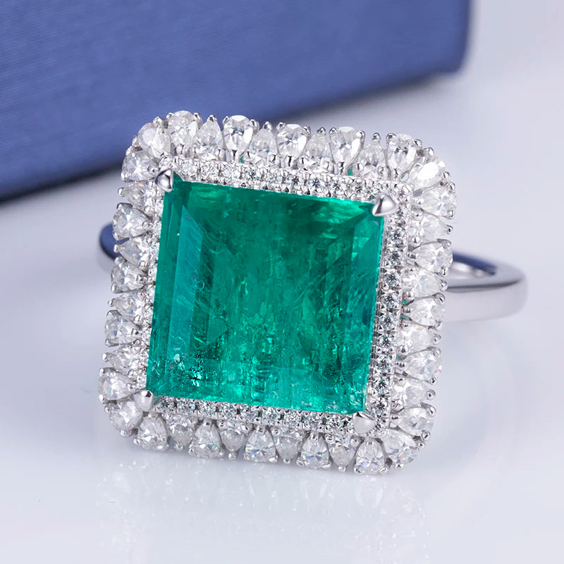 Gemfiori MS-584 18k Gold Women Fashion Jewelry DEF Pear Cut Moissanite Square Emerald Halo Ring