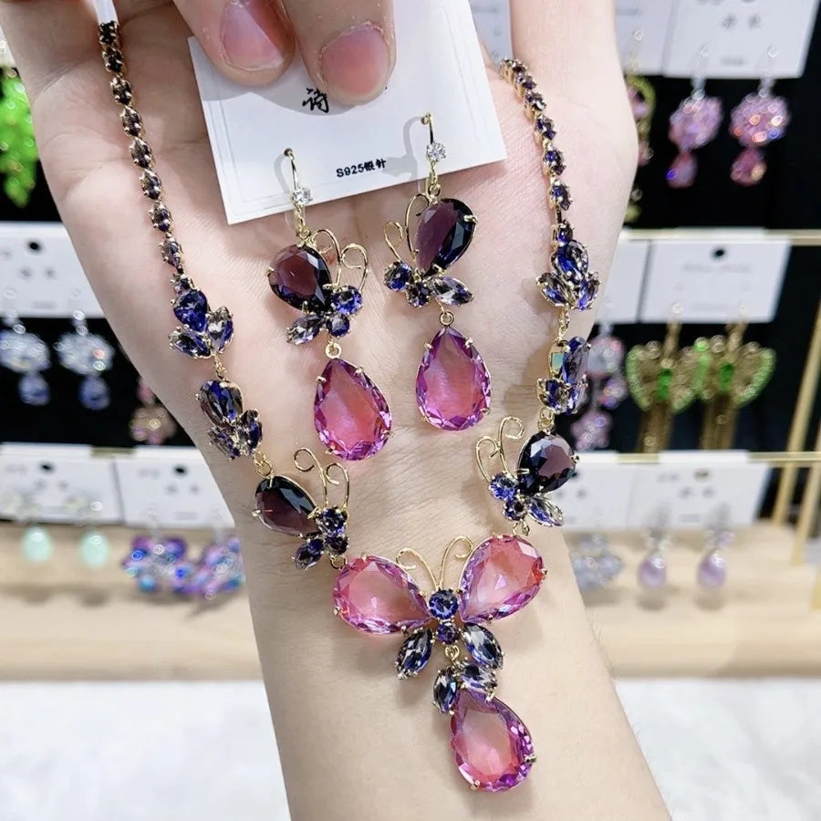 K074 Top Quality Women Trendy Luxury Butterfly Pink Purple Zircon Bridal Necklace Earrings Set Wedding Elegant Jewelry Set