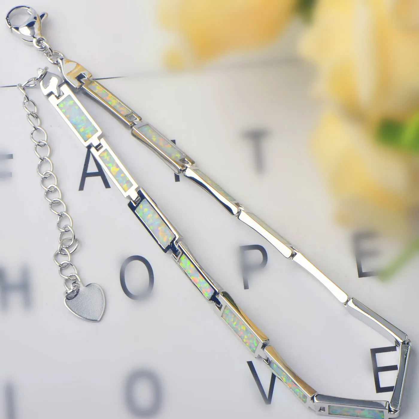 Fashion Trendy Silver Plated Brass Christian Opal Inlaid Minimalist Geometric Design Women's Anniversary Chain Link Bracelet