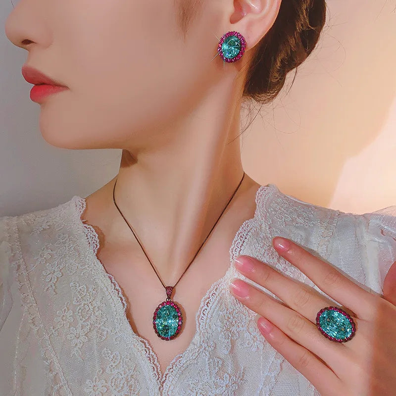 Gemfiori 2025 New High Quality Light Luxury Jewelry Pala Green Zircon Black Gold Premium Set
